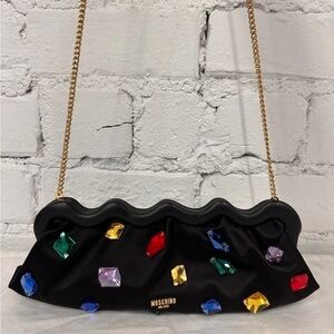 Moschino Black Satin Jeweled Shoulder Bag